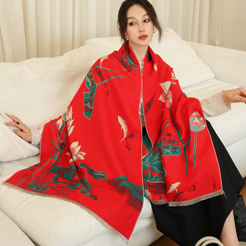 National Style Elegant Cashmere Scarf Double-sided Dual-use Jacquard Shawl