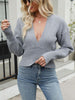 V-neck Batwing Sleeve Loose Solid Color Knitted Sweater