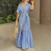 Women's Summer Casual Striped Button Down Maxi Dress Tie Waist Short Sleeve Shirt Dress With Pockets