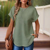 Women's Solid Color Round Neck Short Sleeve Top - Textured Cuff Detail Comfortable Summer Casual Tee