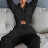 Women's Casual Solid Color Lounge Set - Loose Fit Long Sleeve Top & Pants With Chest Pockets Comfortable Home Wear