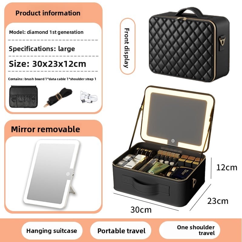 The makeup bag comes with a mirror and a lamp