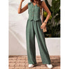 Womens Two Piece Outfits Summer Fashion Button V Neck Crop Vest Blazer And Wide Leg Pants Suit Matching Sets