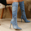 Pointed-toe washed denim high-heeled boots