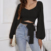 Ladies' Fashionable And Sexy Long Sleeved Lace Up Short Top Korean Retro Slim Fit Bubble Sleeve Personalized Square Neck Shirt Solid Color Slimming
