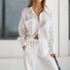 Women's Casual Solid Color Lounge Set - Loose Fit Long Sleeve Top & Pants With Chest Pockets Comfortable Home Wear