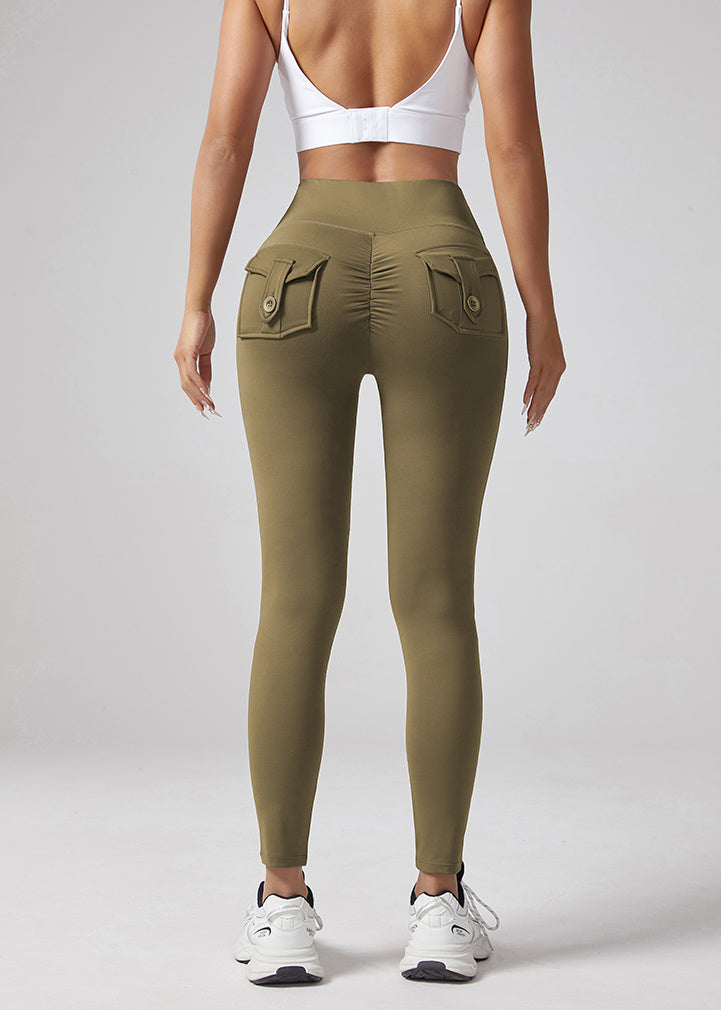 Yoga Waist Pleated Peach Hip Lifting Sports Pants For Female Workers, Pocket High Waisted Button Down Pants