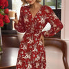 Women's V-Neck Floral Print Long Sleeve Dress With Lantern Sleeves, Ruffled Elastic Waist A-Line Midi Boho Summer Dress