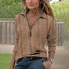 Women's Solid Color Textured Zip-Up Collared Long Sleeve Top - Casual Fall&Spring Blouse With Stretchy Comfort Fit