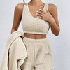 Women's Solid Color Strap Shorts Plush Warm Top 3-Piece Set
