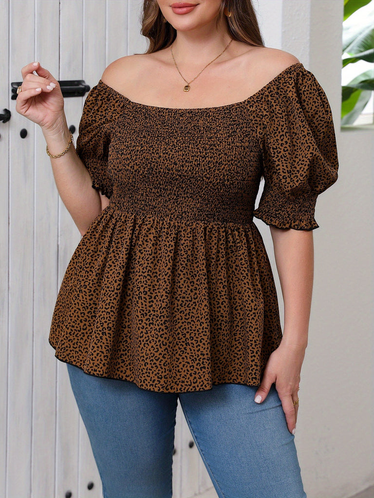 Women's Plus Size Elegant Ruched Leopard Print Blouse - Summer Short-Sleeve Off-Shoulder Top For Work & Resort