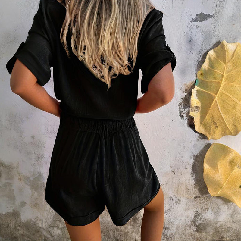 Women's Solid Color Lapel Short Sleeve Shorts Set - Button-Up Casual Two-Piece Outfit With Pocketed Shorts Summer Minimalist Outfit