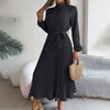 Elegant High Neck Long Sleeve Pleated Maxi Dress - Solid Color Flowy Dress For Women, Casual To Formal Wear
