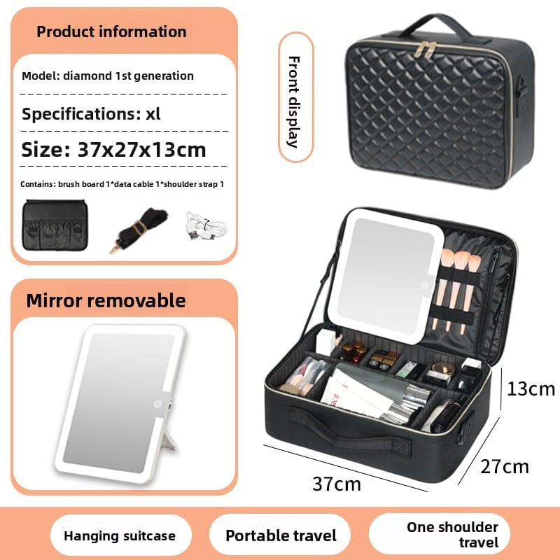 The makeup bag comes with a mirror and a lamp