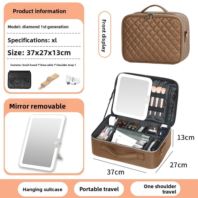 The makeup bag comes with a mirror and a lamp