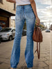 Women's High-Waisted Stretch Skinny Flare Jeans - Vintage Street Style, Distressed Denim With Button And Zipper Fly Closure - Comfortable Blend Casual Pants For Casual Attire