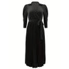 Women's Cross V-Neck Lapel Solid Color Long Sleeve Pleated Maxi Dress With Tie Waist Casual & Formal Dress For Spring & Fall