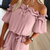 Women's Solid Color Elegant Off-Shoulder Jumpsuit With Ruffle Sleeves & Tie-Waist Summer Casual Romper