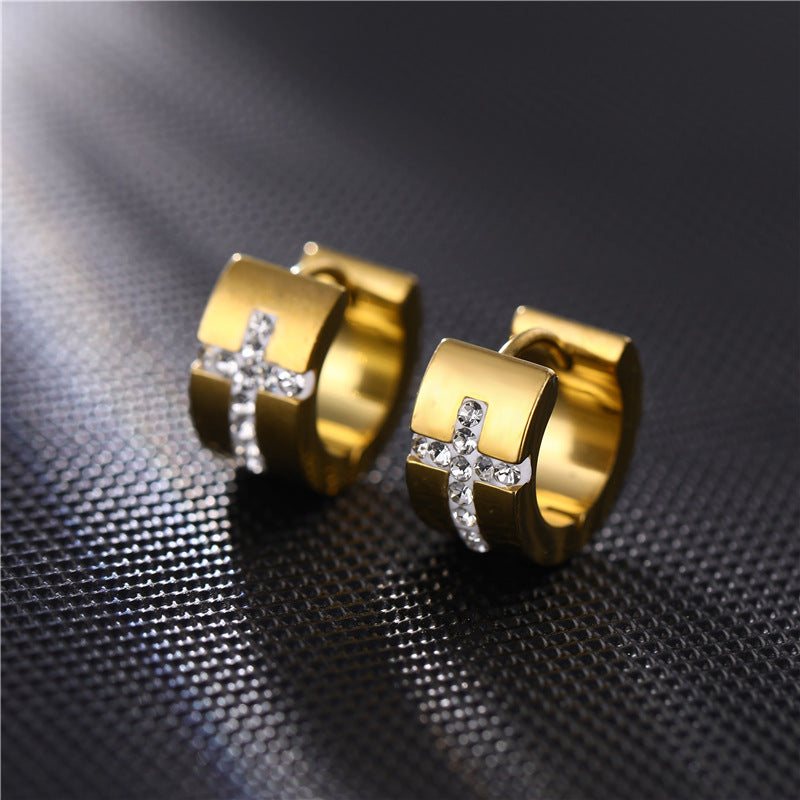 Titanium steel engraved cross stud earrings
