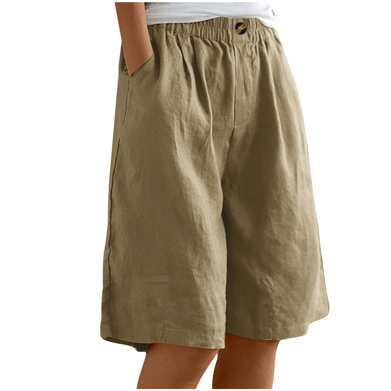 Women's Casual High Waist Loose Fit Solid Color Shorts - Button & Elastic Waist With Pockets, Comfortable Summer Shorts