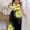Ladies' V-neck Fashionable Butterfly Print Black Long Skirt Dress
