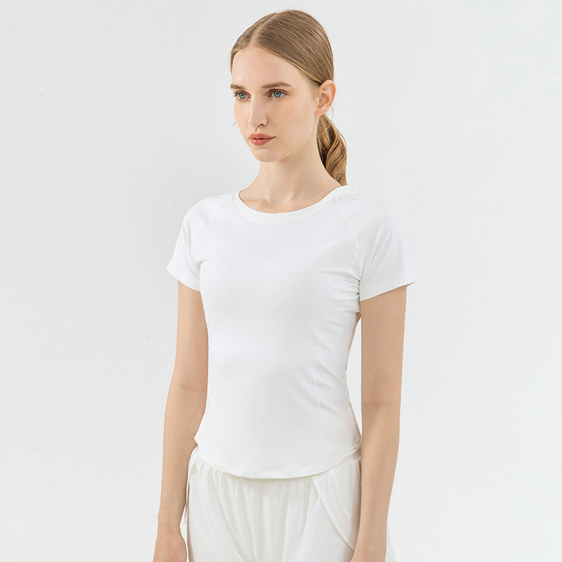 Mesh Stitching Yoga Short-sleeved Sports T-shirt Women's Round Neck Top
