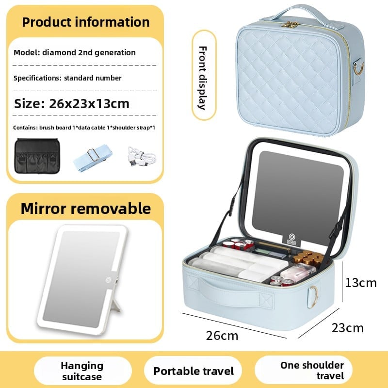 The makeup bag comes with a mirror and a lamp