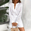 Women's Solid Color Elegant V-Neck Lace Long Sleeve Blouse & Shorts Set - Summer Casual Minimalist Outfit